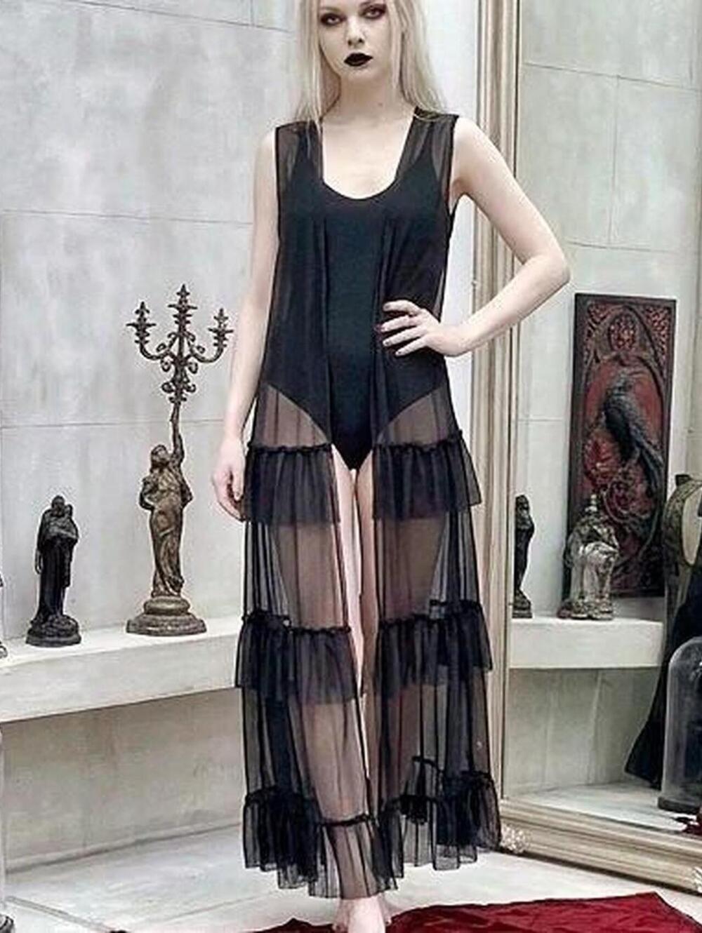 Love Black mesh maxi duster with ruffles Size: XXL